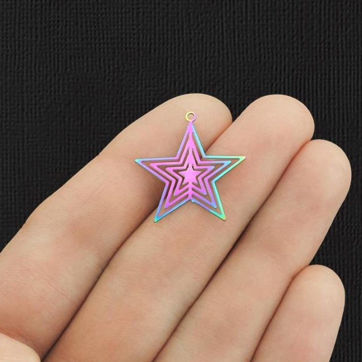 2 Filigree Star Rainbow Electroplated Stainless Steel Charms 2 Sided - SSP270