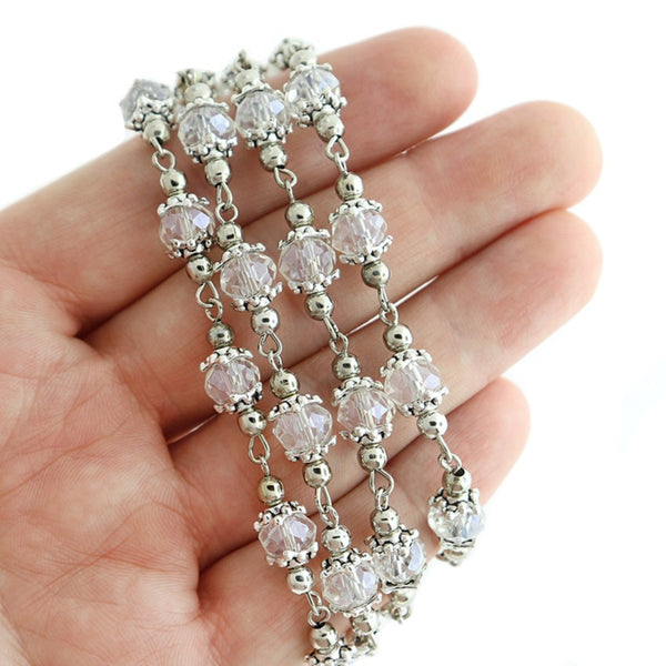 BULK Beaded Rosary Chain - 8mm Rondelle Clear Glass & Silver Tone - 3.3ft or 1m - RC042