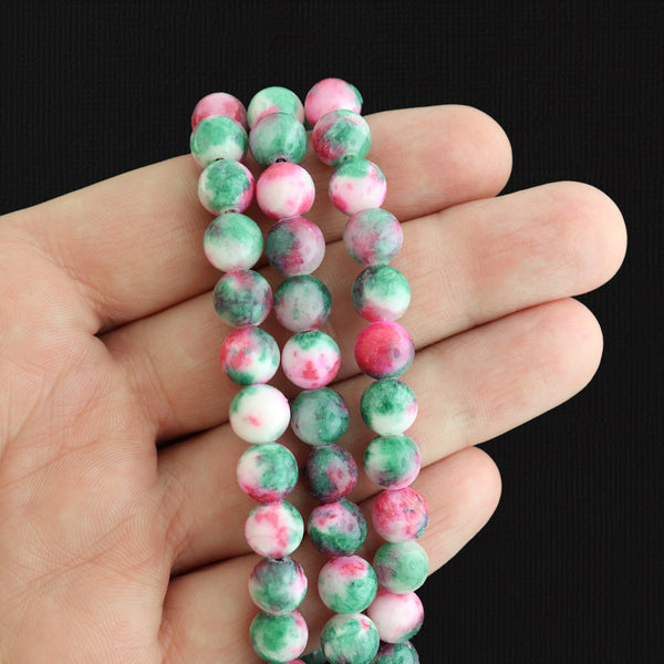 Perles rondes en jade naturel 8 mm - Teinté rose et vert - 1 brin 50 perles - BD1719