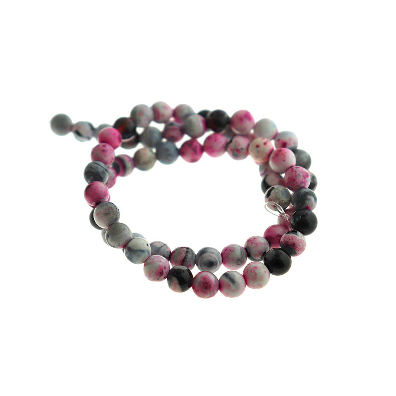 Perles rondes en agate naturelle 6 mm - Marbre rose et noir - 1 rang 60 perles - BD1605
