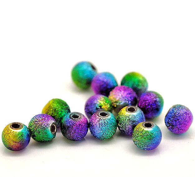 Round Acrylic Stardust Beads 8mm - Shades of Peacock Feathers - 50 Beads - BD219