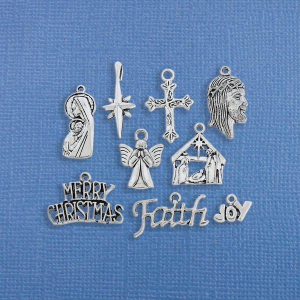 Religious Christmas Charm Collection Antique Silver Tone 9 Charms - COL157