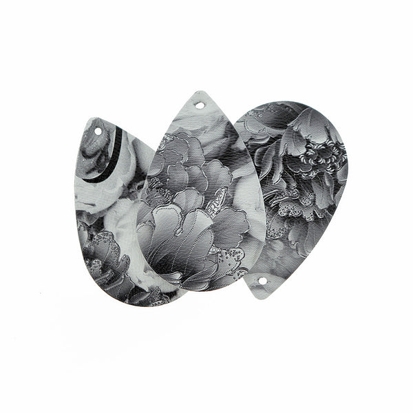 Imitation Leather Teardrop Pendants - Grey Floral - 4 Pieces - LP024