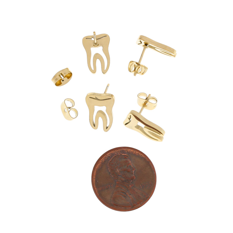Gold Stainless Steel Earrings - Tooth Studs - 13mm x 9mm - 2 Pieces 1 Pair - ER398