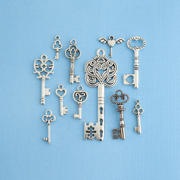 Key Charm Collection Antique Silver Tone 11 Different Charms - COL011