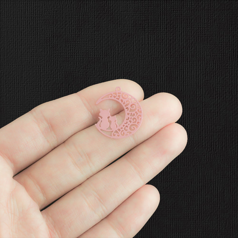 4 Cat Crescent Moon Pink Enamel Stainless Steel Charms 2 Sided - SSP342