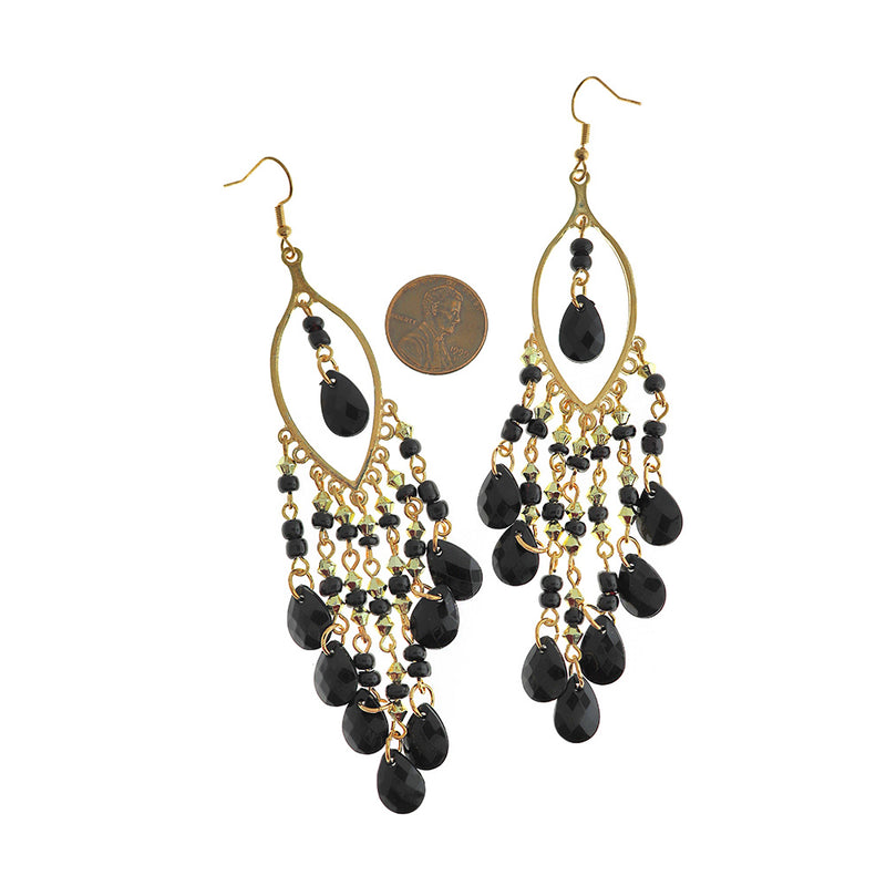 Black Beaded Earrings - Gold Tone French Hook Style - 2 Pieces 1 Pair - ER531
