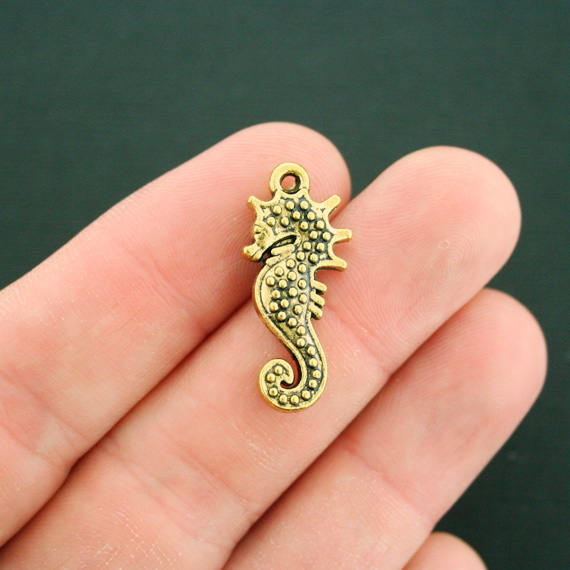 6 Seahorse Antique Gold Tone Charms 2 Sided - GC788