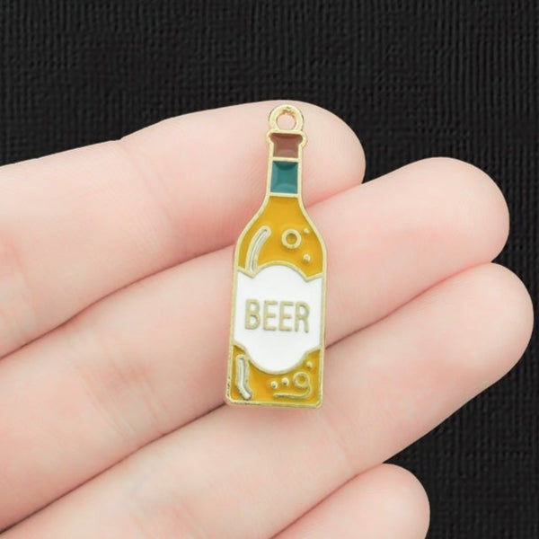 4 Beer Bottle Gold Tone Enamel Charms - E1333