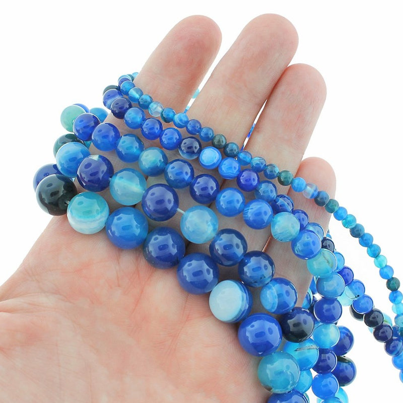 Perles rondes en dentelle naturelle Agate 4mm -12mm - Choisissez votre taille - Tons bleus - 1 brin complet de 15" - BD1839