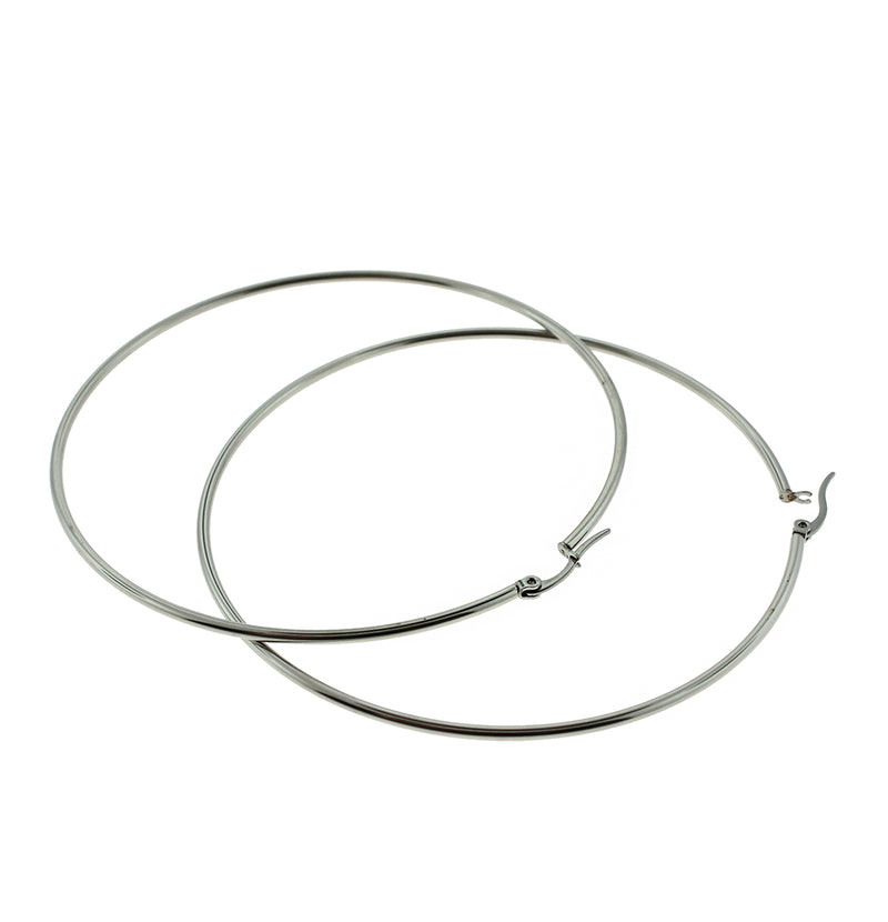 2 Hoop Earrings - Lever Back Round Earring Wires Silver Tone Stainless Steel - 1 Pair - Z447