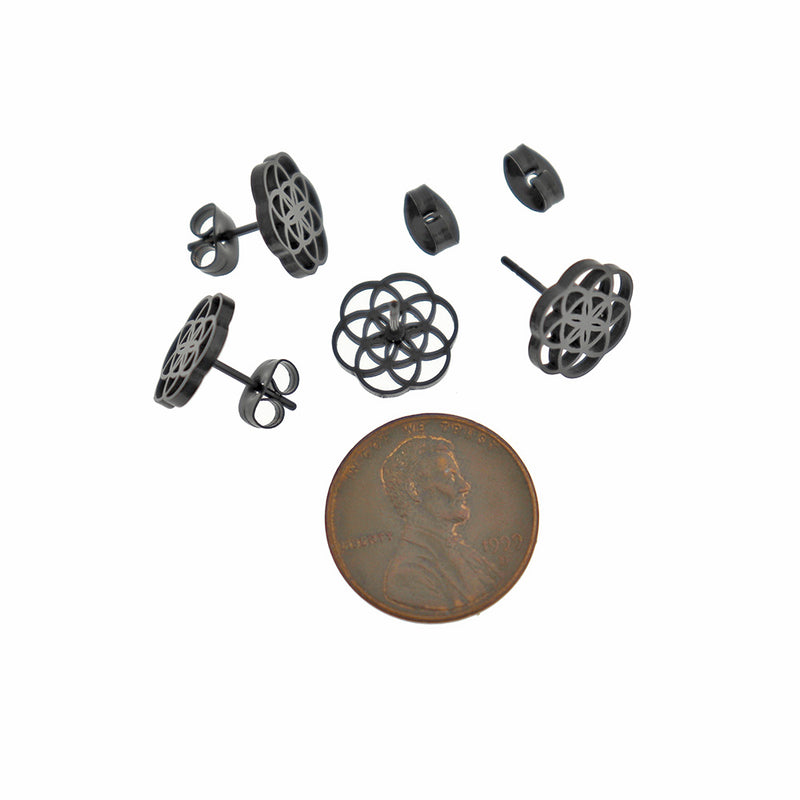 Black Tone Stainless Steel Earrings - Flower of Life Studs - 11mm - 2 Pieces 1 Pair - ER1008