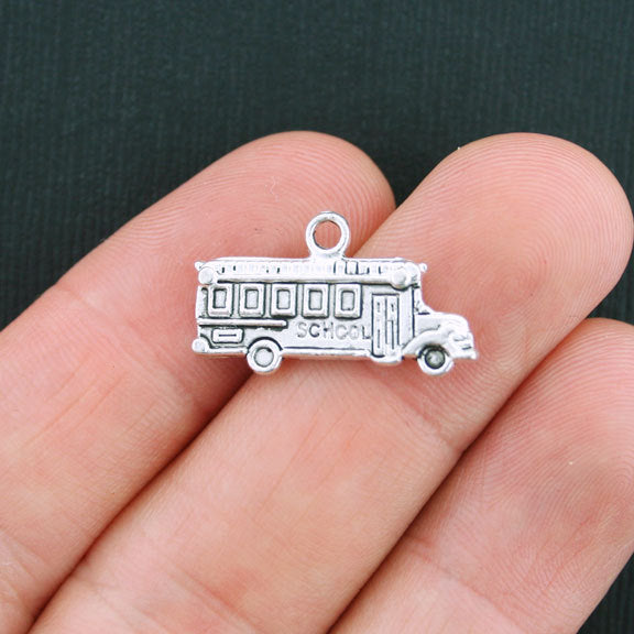 4 School Bus Antique Silver Tone Charms 2 Sided - SC3813