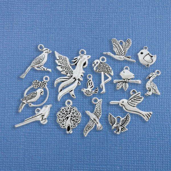 Bird Charm Collection Antique Silver Tone 14 Different Charms - COL151