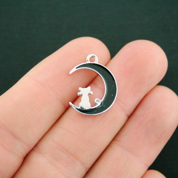 4 Cat Moon Silver Tone Enamel Charms - E540