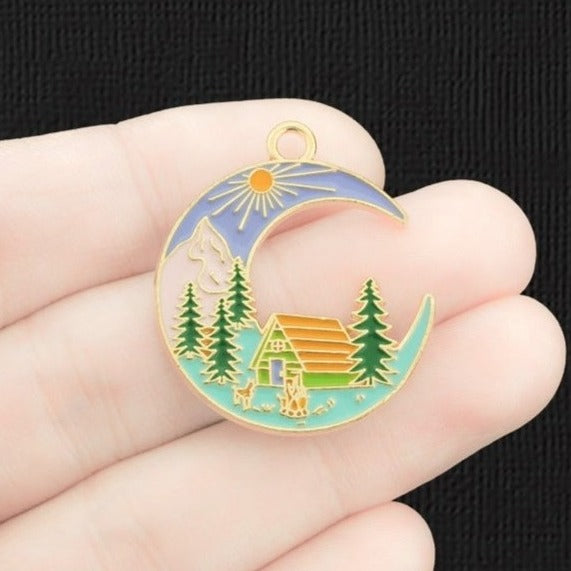 2 Cabin Crescent Moon Gold Tone Enamel Charms - E1433