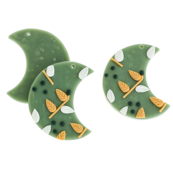 2 Leaf Crescent Moon Polymer Clay Charms - K138