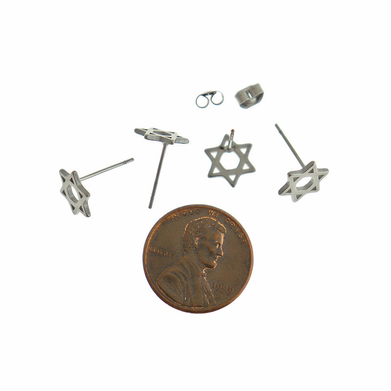 Boucles d'oreilles en acier inoxydable - clous étoile de David - 9,5 mm x 8 mm - 2 pièces 1 paire - ER807