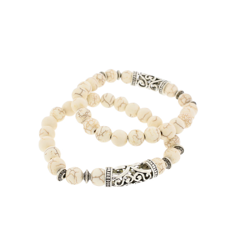 Bracelets de perles rondes en howlite blanche 45 mm - Bélière argentée antique - 5 bracelets - BB180