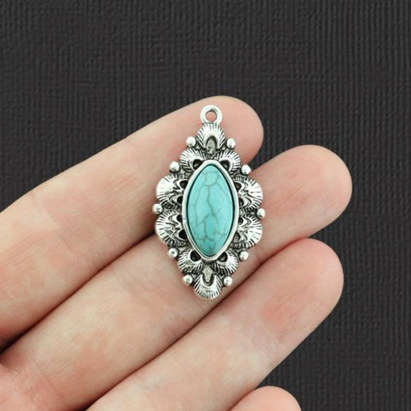 2 Oval Pendant Antique Silver Tone Charms With Imitation Turquoise - SC1210
