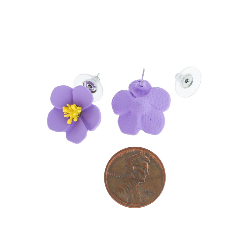 Silver Tone Earrings - Purple Flower Studs - 12mm - 2 Pieces 1 Pair - ER255