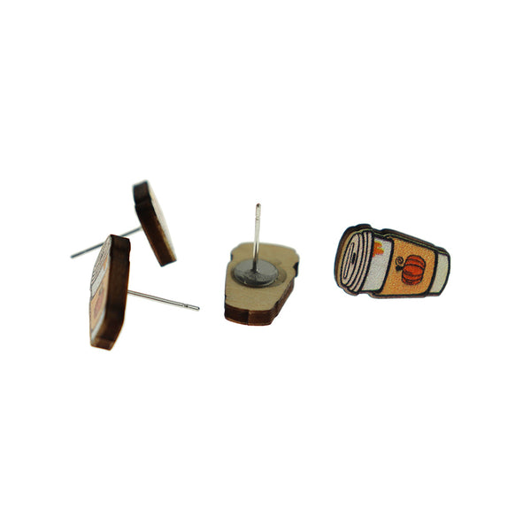 Wood Earrings - Coffee Cup Studs - 16mm x 10mm - 2 Pieces 1 Pair - ER970
