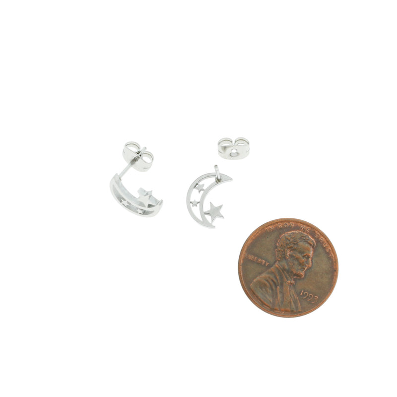 Stainless Steel Earrings - Crescent Moon Studs - 11mm x 8mm - 2 Pieces 1 Pair - ER048