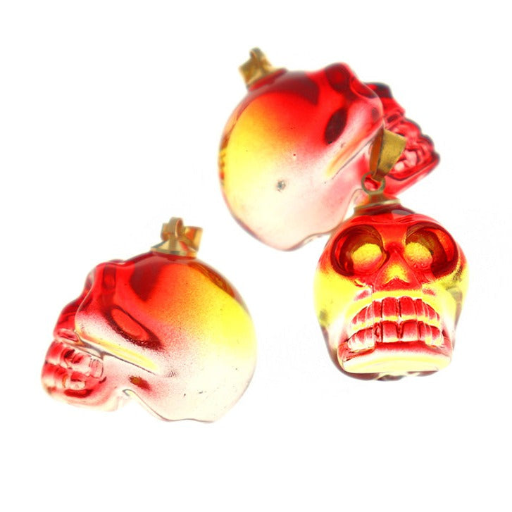 Orange Electroplated Skull Glass Pendant Gold Tone Charm 3D - Z473
