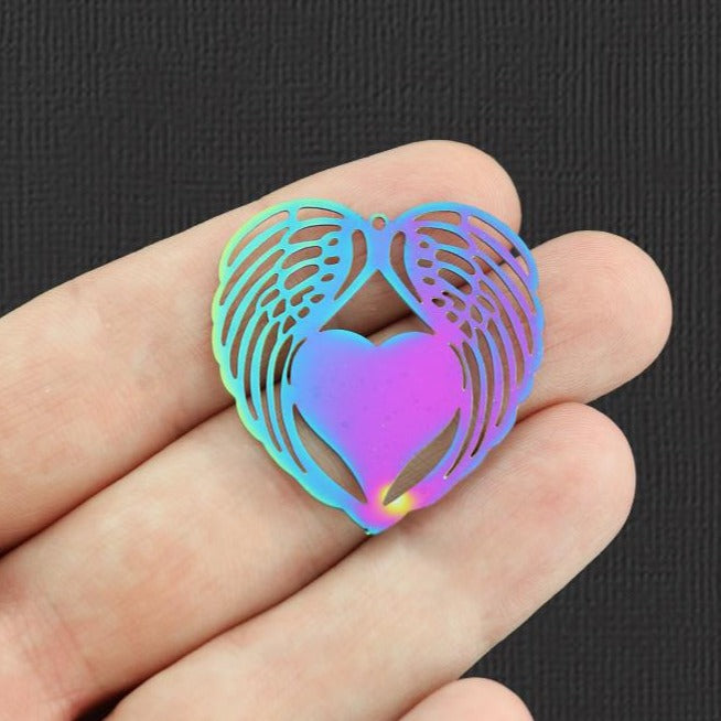 4 Angel Wing Heart Electroplated Stainless Steel Charms 2 Sided - SSP256
