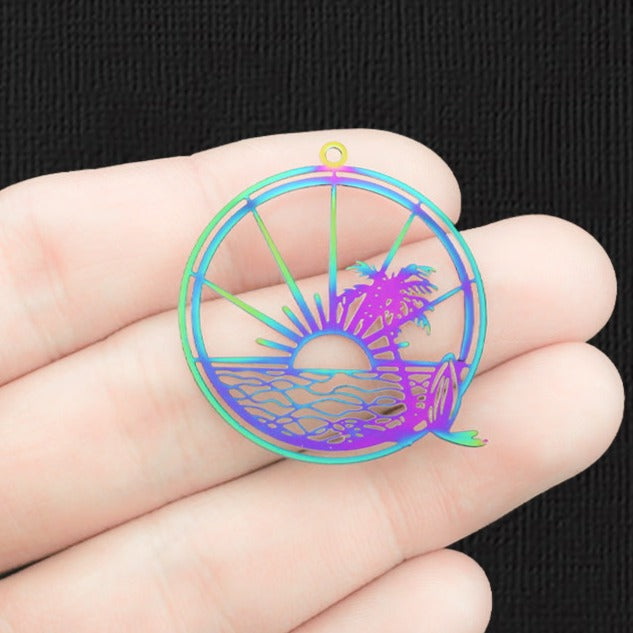 4 Beach Scene Rainbow Electroplated Stainless Steel Charms 2 Sided - SSP541