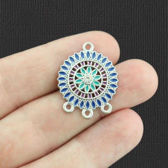 4 Blue Mandala Chandelier Connector Silver Tone Enamel Charms - E1033