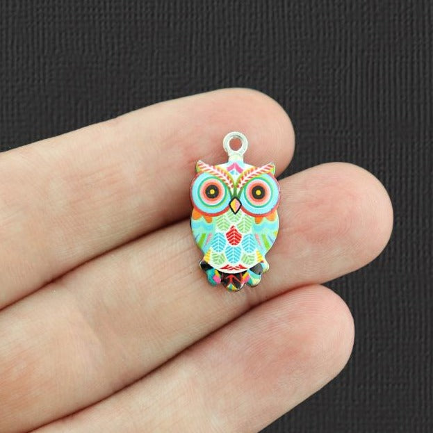 4 breloques en émail argenté Blue Owl - E1042