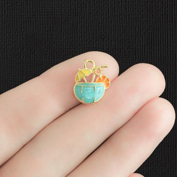 4 Blue Tropical Drink Gold Tone Enamel Charms - E1088