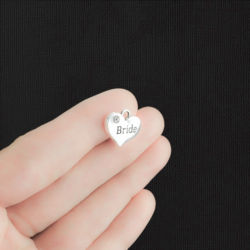 4 breloques de ton argent antique de coeur de mariée 2 faces avec strass incrustés - SC1938