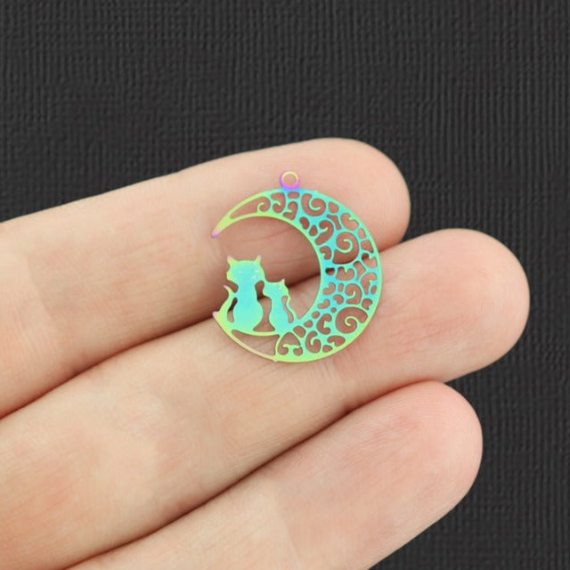 5 breloques en acier inoxydable électroplaqué arc-en-ciel croissant de lune chat 2 faces - SSP237