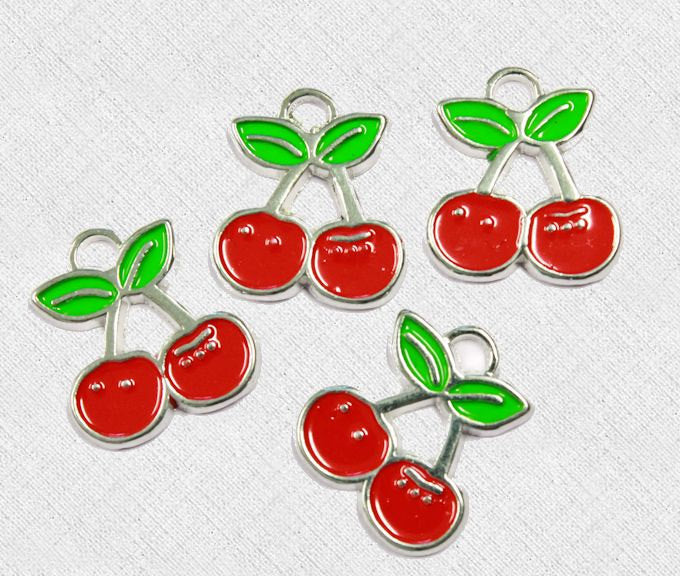 4 Cherry Silver Tone Enamel Charms - E036