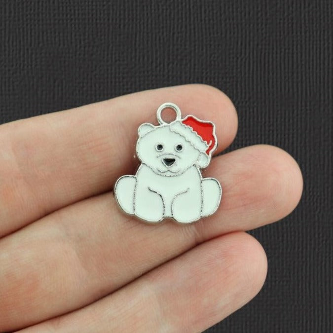 4 breloques en émail argenté ours polaire de Noël - E1057