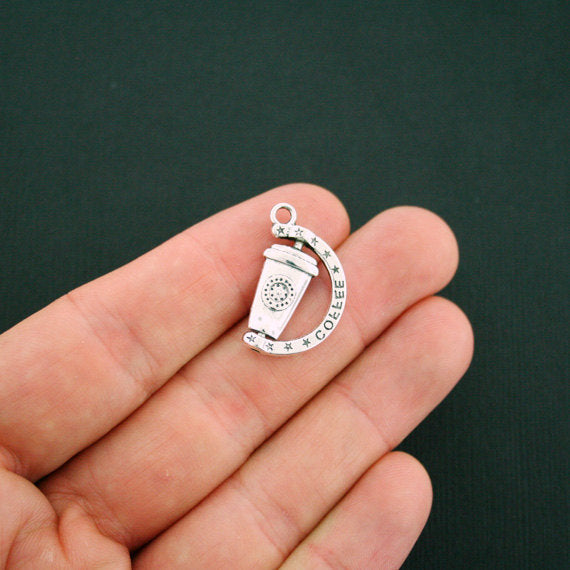 4 Coffee Antique Silver Tone Charms 2 Sided - SC6073