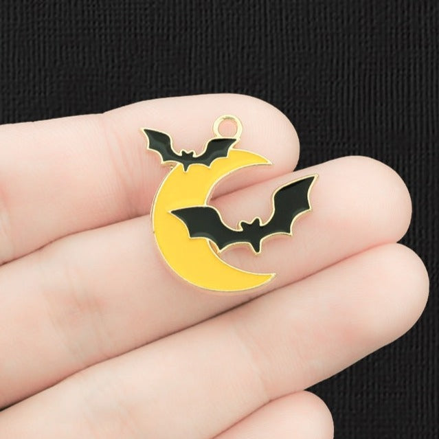 4 Crescent Moon Bats Gold Tone Enamel Charms - E1456