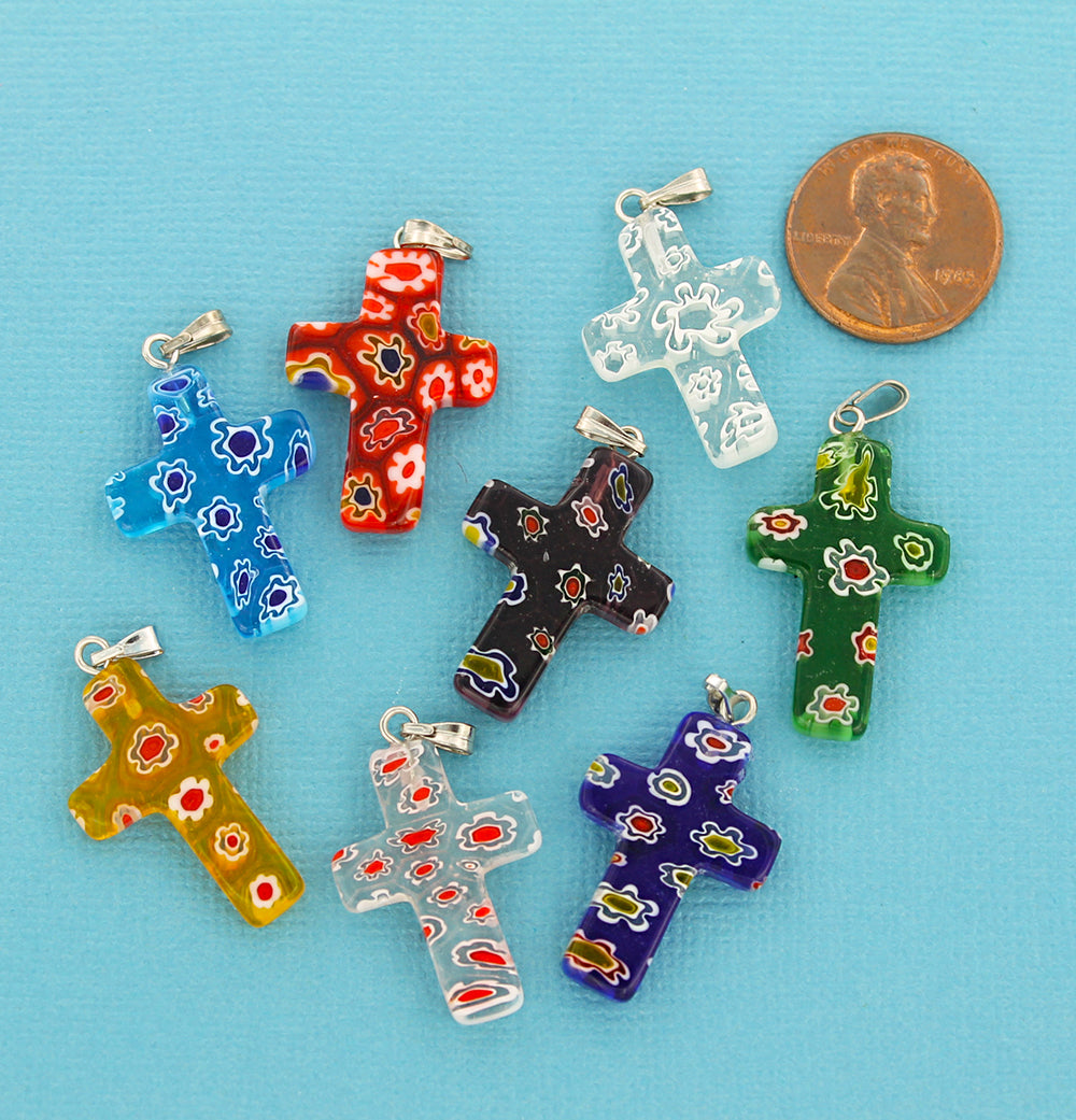 4 Cross Millefiore Glass Charms - Assorted Designs - Z496