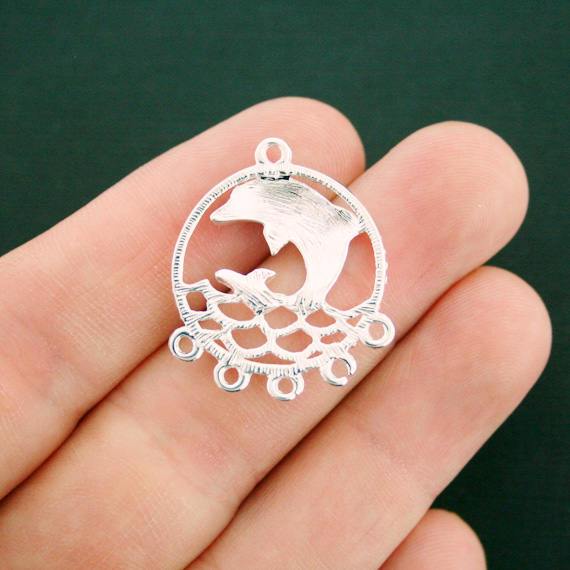 4 Dolphin Chandelier Connector Silver Tone Charms - SC7384