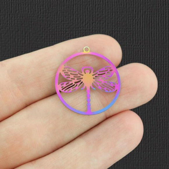 4 breloques en acier inoxydable plaqué arc-en-ciel libellule 2 faces - SSP253
