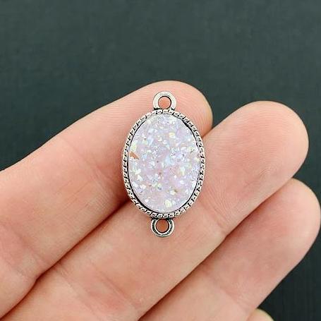 4 Druzy Connector Antique Silver Tone and Resin Cabochon Charms - Z615
