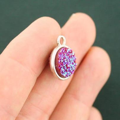 4 Druzy Silver Tone and Resin Cabochon Charms - 2 Sided  - Z419