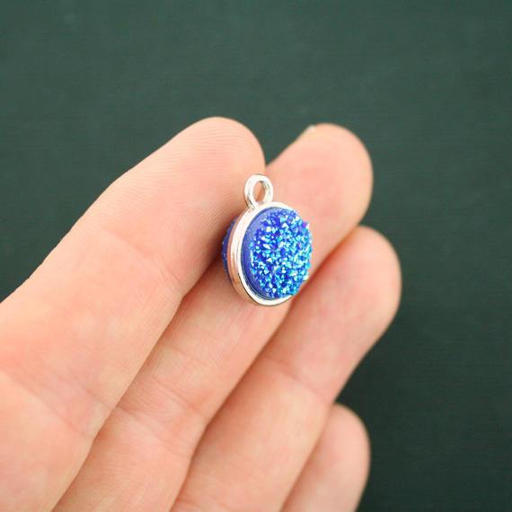 4 Druzy Silver Tone and Resin Cabochon Charms - 2 Sided - Z420