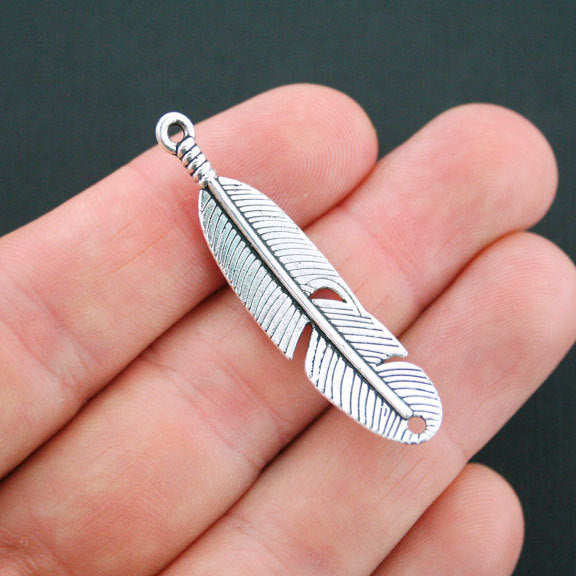 4 breloques plume connecteur ton argent antique - SC2498