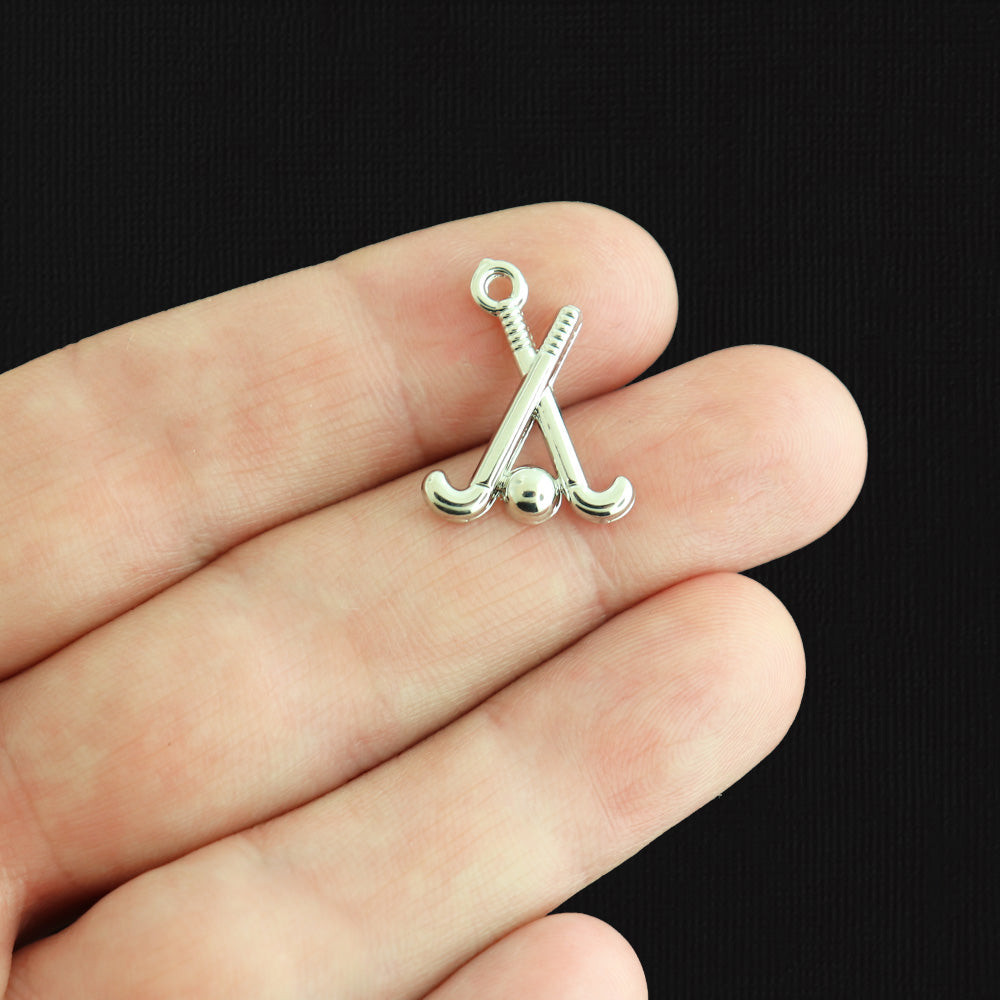 4 Field Hockey Sticks Antique Silver Tone Charms - SC746