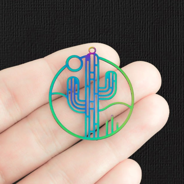4 Filigree Cactus Rainbow Electroplated Stainless Steel Charms 2 Sided - SSP382
