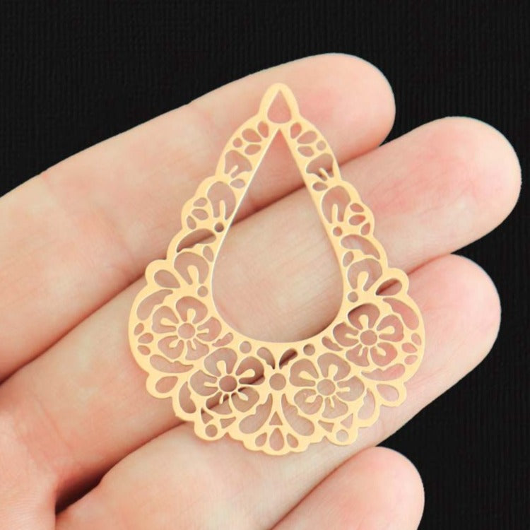 4 Filigree Drop Gold Tone Charms 2 Sided - GC052