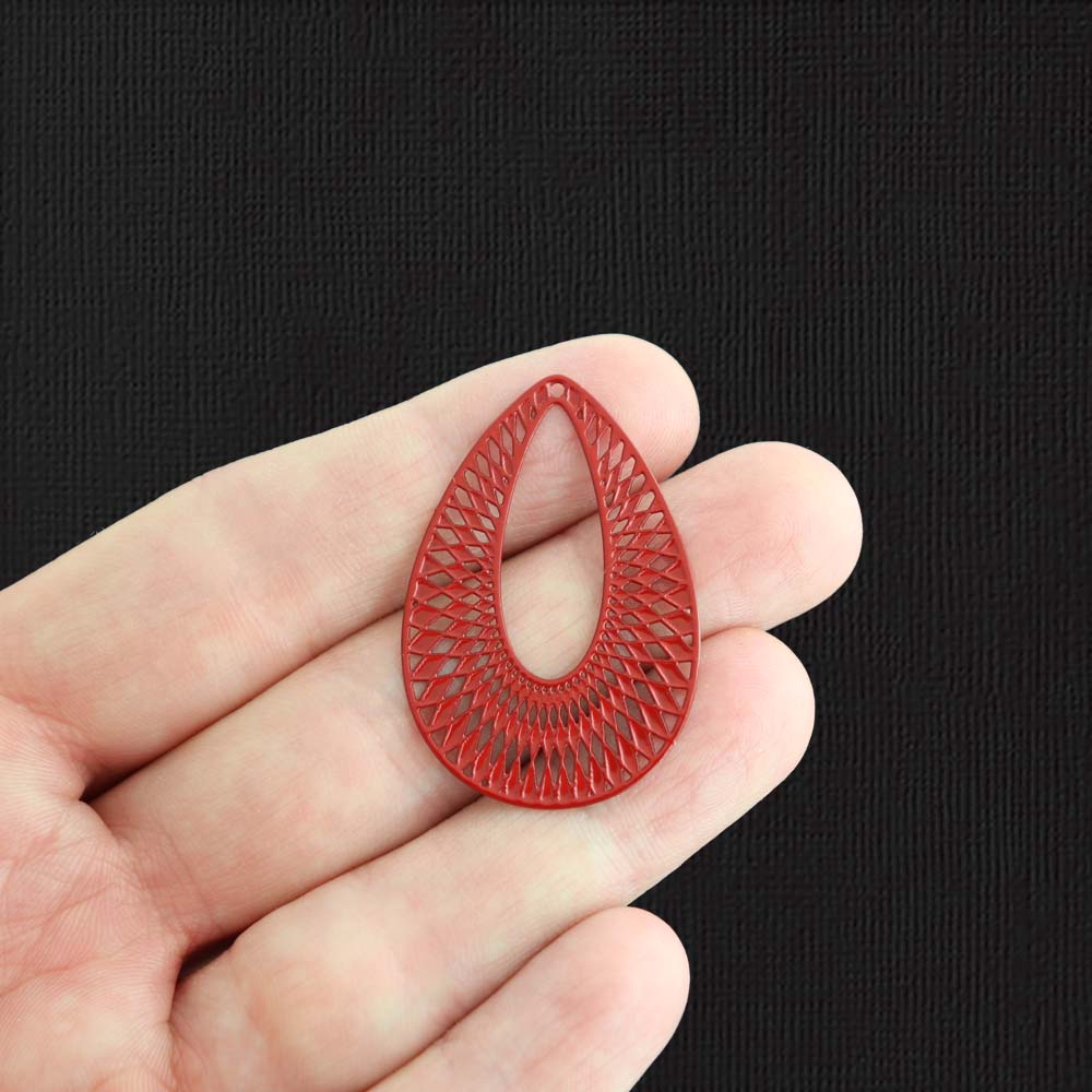 4 Filigree Drop Red Enamel Charms - E1417